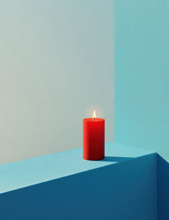 A red candle is placed on the left side of an isolated blue background, with its flame burning brightly against the solid color backdrop. The simplicity and minimalism in the composition highlight details such as texture and shape. This photograph features a clean aesthetic with no clutter or elements that extend beyond the candle's body. --ar 23:30 --v 6.1 Job ID: aaa33cb3-6de0-4ec6-936a-33d561d25737の素材