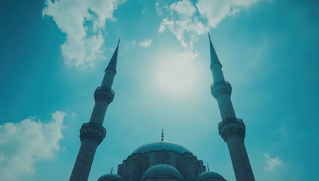 The blue sky and the majestic beauty of Ottoman mosques in Istanbul, with their towering minarets and intricate architecture, form an enchanting backdrop for your photographic journey. Focus on capturing the intricate details and the interplay of light and shadow within these architectural masterpieces. --ar 53:30 --v 6.1 Job ID: 732b0b16-f915-4d6e-82df-c5c849f3440bの素材