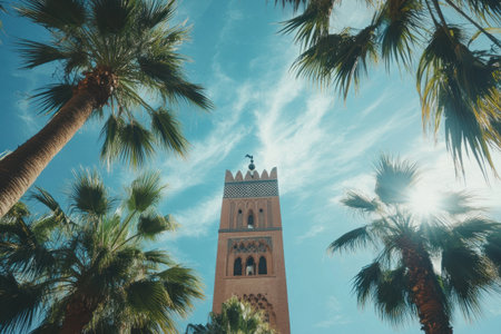 Marrakech, the iconic phrase tower and palm trees in front of the Koutoubia Mosque, blue sky, sunny day, professional photography. --ar 3:2 --v 6.1 Job ID: 54e85cf7-3a10-4379-885c-a2a8b9aadc56の素材