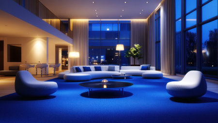 Modern hotel lobby with blue carpet, white walls, and accent lighting. Lounge seating area with a sofa and chairs, a modern coffee table in the center of the room, and a large window with curtains. Night-time scene with ambient lights. Interior design photography, architectural rendering in the style of Mir. --ar 53:30 --v 6.1 Job ID: 1e0dfdca-b00e-4da3-93c9-16078f535ce8の素材