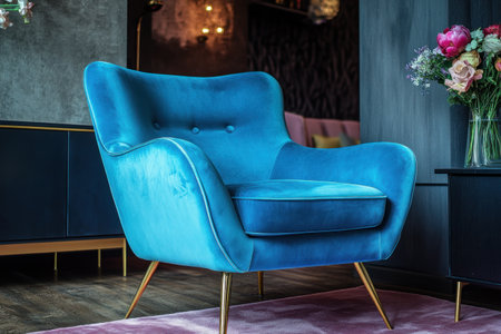 Sleek blue armchair with gold legs in a living room interior, near a coffee table and a dark gray wall. A pink carpet covers the wooden floor, and a floral bouquet vase sits on a sideboard. --ar 3:2 --v 6.1 Job ID: db07a4da-ae54-43f8-8033-67f55861680eの素材