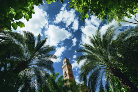 Marrakech, a projection of the city's mosque and its tall minaret against a blue sky with clouds. The foreground features palm trees and greenery. It is a travel photograph taken by a professional photographer in high resolution. --ar 3:2 --v 6.1 Job ID: d740225b-baf7-4563-8a81-99f0a0b78dc6の素材