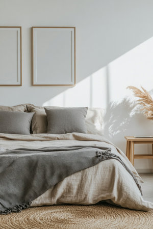 Minimalist-style bedroom, large white wall in the background, gray and beige-colored bed with gray pillows and a blanket, jute carpet in front of the bed, small wooden table beside the bed, two square frames hanging above the headboard, natural lighting, warm tones, simple yet elegant decor, focus on a cozy atmosphere, professional photography. --ar 2:3 --v 6.1 Job ID: f8885dc8-2793-4b0e-9400-0d03d42bac3bの素材