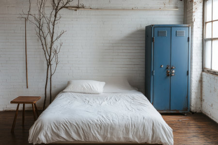 A white bed with a pillow and duvet cover in an industrial-style bedroom, a white brick wall, a wooden floor, a blue metal locker on the right side of the picture, a small wooden table to the left side, a branch hanging from the ceiling, minimalist decor, interior design photography, natural light, product shot. --ar 3:2 --v 6.1 Job ID: d4a6ab06-fb91-46d3-bbe6-611bc27037afの素材