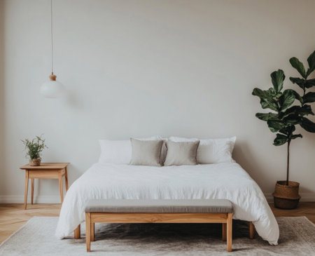 A simple bedroom with a white bed and grey pillows, a wooden bedside table on the left side of it, a grey bench at its foot placed in front of an empty wall. A small plant stands next to one end of the headboard, and a floor lamp hangs from above. The overall style of the room has minimalist design elements. It creates a serene atmosphere with soft lighting that adds warmth and tranquility to the space. This photo would be perfect for interior photography enthusiasts who love minimalism. --ar 37:30 --v 6.1 Job ID: d1d36342-3d76-4865-886a-b8c0642ab0dbの素材