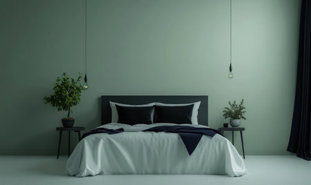 A simple and clean bedroom wall with a green color, a bed in the center of which is decorated with black pillows and white sheets, a bedside table on one side, an LED lamp hanging above it, a small plant or flower pot next to the headboard, a dark blue ribbon at each end of the sheet, a dark gray wooden frame for the bed. The background features a solid light olive green wall. The room has soft lighting that creates a warm atmosphere. High-resolution photography, professional photograph, high definition, hyper-realistic. --ar 5:3 --v 6.1 Job ID: b41e456c-6944-4e2f-aa8a-bc996b867c80の素材
