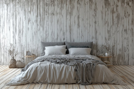 Luxurious, minimalist white and grey bedroom interior with a grey bed, wooden floor, and walls covered in a light wood texture. 3D rendering. Side view. --ar 3:2 --v 6.1 Job ID: bea05f47-cada-40c2-965e-0e2193aece3dの素材