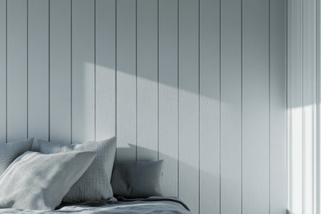 Minimalist bedroom interior with a gray bed and white wooden wall panels, 3D rendering mock-up, close-up view, minimalistic style, high-resolution photography, high detail, aesthetic background, professional color grading, soft shadows, low contrast, clean sharp focus, high quality. --ar 3:2 --v 6.1 Job ID: ab49f887-d2c7-4227-a214-c9dad6283dfaの素材
