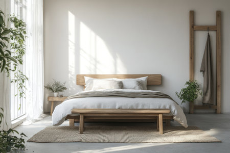Scandinavian-style bedroom interior with a white wall, wooden bed, and bench near a window on a concrete floor. Scandinavian home interior design of a modern, minimalist room. Photorealistic rendering. --ar 3:2 --v 6.1 Job ID: 5d5a035e-466d-476f-8f88-45c8f74acda3の素材