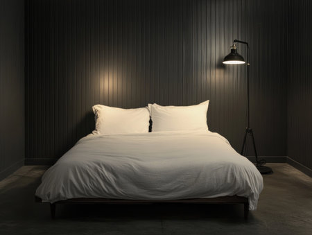 Minimalist bedroom with a bed, white duvet cover, and pillows against a wall with vertical dark gray paneling. A floor lamp casts soft light on the concrete flooring, showcasing a modern interior design. High-resolution photography. --ar 4:3 --v 6.1 Job ID: 9e787694-a352-4fe2-8ca5-363432ec516dの素材