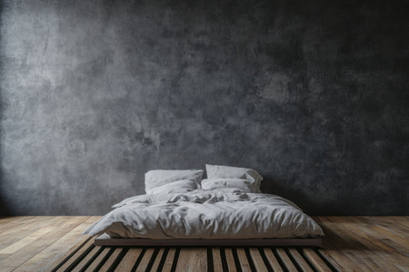 Modern bedroom interior with a gray concrete wall, wooden floor, and a bed against a black slatted background. --ar 3:2 --v 6.1 Job ID: 37af6e2a-da60-4b87-b78b-1e4a6741c588の素材
