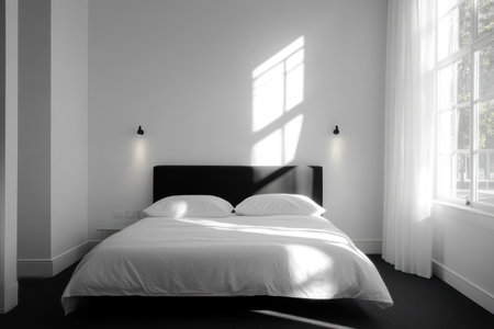 White bedroom with a black headboard, dark grey carpet, and two windows. New house in Melbourne, Australia. Minimalist home interior design of a modern living room. Soft lighting from wall lamps. Bright daylight outside the window. --ar 3:2 --v 6.1 Job ID: 59325155-43d2-43dc-86b1-5eaf685bc9c4の素材