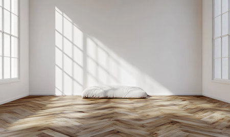 White bedroom with a wooden parquet floor, minimalist interior design of the room and a bed against a white wall with a copy space area for your product or text. 3D rendering illustration mock-up, 20k, modern, minimalist, high-resolution photography, incredibly detailed. --ar 5:3 --v 6.1 Job ID: 165e66cf-a9aa-4745-b787-ed9651d50020の素材
