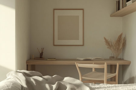 A minimalist bedroom with a desk and chair near the bed, featuring soft pastel colors like beige or white walls. The room includes a wooden table for writing on, along with an elegant wood-framed picture frame hanging above it. There's also a comfortable grey blanket draped over one side of the mattress, adding to its cozy feel. On top of that is another small wooden shelf holding books and decorative items. This scene conveys a sense of calmness in simplicity and elegance. --ar 3:2 --v 6.1 Job ID: 4bba3200-4681-45b1-95b2-ae9f957c617fの素材