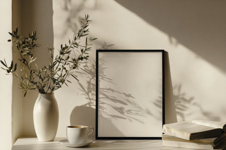A white poster frame with black edges, standing on the table in the interior of a modern home. A vase with olive tree branches and a coffee cup on it, with books nearby, in a minimalist style. The background is a light beige, with a close-up shot, natural lighting, and soft shadows. There is no contrast, and the focus is clean and sharp, in the style of hyper-realistic photography. --ar 3:2 --v 6.1 Job ID: e7139d5c-6b25-44ff-9811-bec182b102beの素材