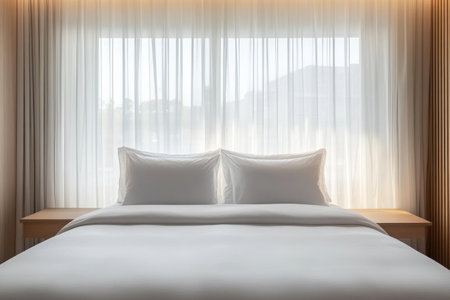 White bed with white pillows and sheets in front of window with sheer curtains, creating a minimalist bedroom setting. The background is blurred to emphasize the serene atmosphere created by the bed and windows. This image conveys tranquility through simplicity and minimalism. --ar 3:2 --v 6.1 Job ID: 379b6dfb-3645-4ddb-b6ea-23f15d4c99beの素材