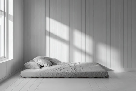 White and gray bedroom interior with wooden wall panels, a gray bed on the floor, side view, 3D rendering mock-up, minimalistic style, high-resolution photography. --ar 3:2 --v 6.1 Job ID: 1ff8c4e2-11e8-4f7b-b9f8-32dfafcb96e4の素材