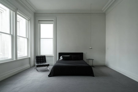 A photograph of an empty bedroom in a contemporary Australian home, with white walls and a grey carpeted floor. The room has two windows on the left wall that open to reveal an urban street view. A black bed is centered against one window, flanked by small side tables with lamps. There is also a stylish chair beside it. In front of another window hang three rectangular light fixtures. This scene captures the minimalistic design and clean lines typical of modernist interiors. --ar 3:2 --v 6.1 Job ID: d3b0e4e6-0c56-41ac-8546-113307e8ccb7の素材