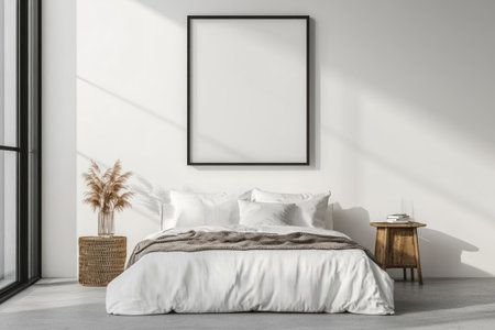 A white bedroom with a bed, bedside table, and wardrobe. A windowless wall is decorated in a modern, minimalist, Scandinavian style, with a concrete floor. The focus is on the large, empty frame hanging above the bed, which appears to be a high-resolution, professional photograph taken with a Hasselblad H6D-50c camera and a Super-resolution ZE 28mm f/4 lens. --ar 3:2 --v 6.1 Job ID: 4cc0bbc9-232f-47d1-a2f1-4dd17795e603の素材