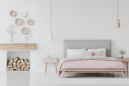 A minimalist bedroom with pink and white tones. The wooden bed frame features a grey fabric headboard. A light wood nightstand sits beside the bed. A large floor lamp stands on one side of the room, and a small bookcase is placed against the wall to the left. The white walls have clean lines and simple decor. In the corner near the fireplace, there is a wooden log decoration. The room also includes photo-realistic landscapes with soft edges and atmospheric effects. --ar 3:2 --v 6.1 Job ID: 3789a8de-b2bf-4568-922f-710aec92083cの素材