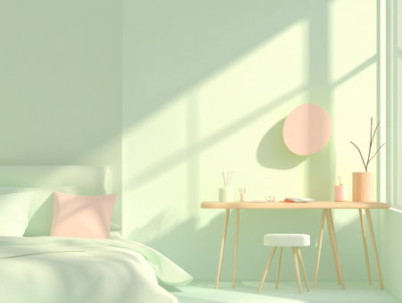 Modern light green bedroom interior with a bed, desk, and floor lamp. Minimalist home design of a modern room in a pastel color. Simple and clean bedroom background mockup for presentation. --ar 4:3 --v 6.1 Job ID: 8a26a641-810c-4bdf-9e0c-44e471bdd382の素材