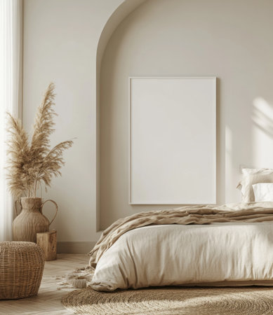 A mockup of an empty, blank white poster frame on the wall in a Japandi-style bedroom, with neutral tones, a beige bed, and a boho rug. The room is filled with natural lighting, featuring a minimalist, neutral color scheme and Jungalow-style decor. --ar 13:15 --v 6.1 Job ID: d93303db-2d63-402f-8ecf-e33dbb1c7775の素材