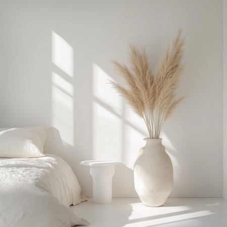 A white bedroom with a side table featuring pampas grass in a vase, white walls, and a minimalist interior design. The image is photorealistic, with high resolution, professional color grading, soft shadows, low contrast, and clean, sharp focus, giving it the aesthetic of film photography. The floor is also white. --v 6.1 Job ID: 4f5cc9d2-17b6-4d81-b765-9751daca0f34の素材