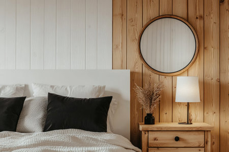 Minimalist bedroom with wooden paneling, a white headboard, and black pillows. A wooden nightstand with a lamp on it, and a mirror hanging above the bed. White walls and bright light from the lamps. --ar 3:2 --v 6.1 Job ID: ea0581e7-f8dc-4d3f-9639-ab26c6c51be2の素材