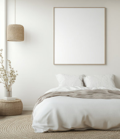 White poster frame mockup on a wall in a bedroom, with neutral colors and boho-style decor. A beige rug and a white bed with linen bedding create a minimalistic look. 3D render, high resolution, highly detailed, and detailed texture. --ar 13:15 --v 6.1 Job ID: 77ac1376-345a-4b78-9497-0009e33acf12の素材