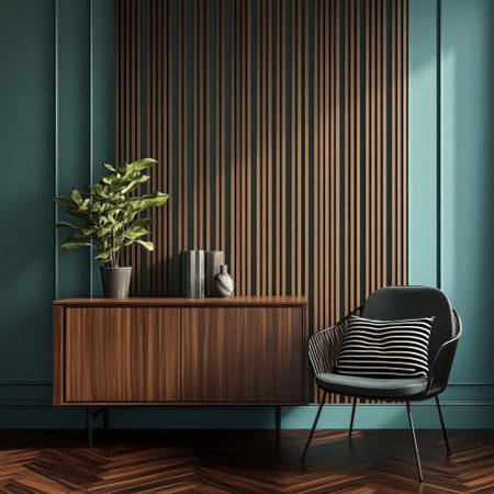 A sideboard in front of an emerald blue wall with wooden slats. Next to it is a chair, and on the cabinet there's a black-striped pillow and a plant pot. The room has a dark parquet floor. --v 6.1 Job ID: 810b8ee9-2972-44f6-b916-2889045349beの素材