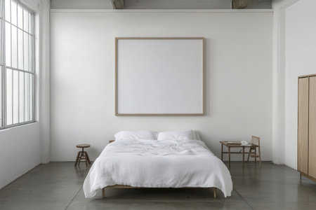 A white bedroom with a bed, bedside table, and wardrobe. A windowless wall is decorated in a modern, minimalist, Scandinavian style, with a concrete floor. The focus is on the large, empty frame hanging above the bed, which appears to be a high-resolution, professional photograph taken with a Hasselblad H6D-50c camera and a Super-resolution ZE 28mm f/4 lens. --ar 3:2 --v 6.1 Job ID: 4cc0bbc9-232f-47d1-a2f1-4dd17795e603の素材
