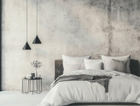 Minimalist bedroom with a bed, white and grey linens on the wall behind it. The room has concrete walls and floor. A modern black lamp is placed next to a bedside table. --ar 4:3 --v 6.1 Job ID: 1096480e-2e7c-4188-b28d-096da5625831の素材