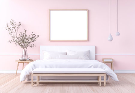 A bedroom with light pink walls, a white bed and bench, a small wooden table on the left side of the bedside table, a large blank picture frame hanging above the headboard of the bed, a small plant in a vase near the wall, a light wood floor, soft lighting from a ceiling lamp, a minimalistic interior design style, a warm color palette, and a cozy atmosphere. --ar 43:30 --v 6.1 Job ID: dc8c7ab6-c9a3-48e4-b7c0-2f552c11ed0cの素材