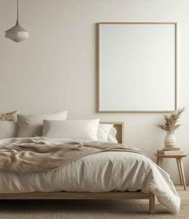 3D rendering of a white blank poster frame mockup on a wall in a bedroom with a beige bed and wooden side table, featuring a minimal interior design with aesthetic and neutral tones, a carpet rug, and boho decoration. High-resolution photography with soft lighting and focus stacking. --ar 13:15 --v 6.1 Job ID: 153965e1-1a46-4a06-9165-d833e0ca4065の素材