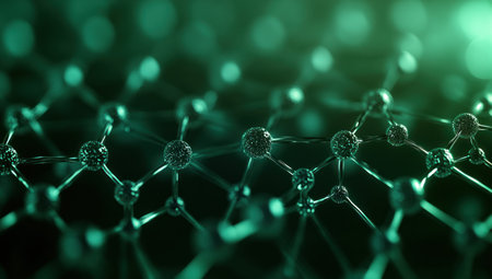 3D rendering of the structure of cells and molecules on a dark green background. Abstract science, biotechnology, or engineering concept with a microscopic cell network in close-up view. Stock photo contest winner, banner design, banner template. --ar 53:30 --v 6.1 Job ID: df31b373-4a92-4e04-8525-675f7a95bf77の素材