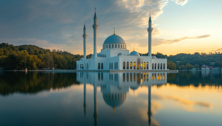 Photograph of Sheikha! The scene is brightly lit with a reflection in the water, featuring a white mosque with three minarets and domes, captured in a wide shot during the golden hour. The image is characterized by light clouds, symmetry, and a National Geographic-worthy photographic style. --ar 53:30 --v 6.1 Job ID: 51924de9-9986-44c9-a40b-bab29c823bfeの素材