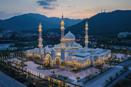 A panoramic view of the majestic Al- watering and its four minarets at dusk, illuminated by soft city lights. The mosque stands tall against the backdrop of mountainous landscapes, creating an enchanting scene of tranquility and grandeur in matching white color with golden details. In the foreground is a large parking lot for vehicles. Shot on Canon EOS R5 camera with f/8 aperture setting and ISO 400 to capture intricate architectural features. --ar 3:2 --v 6.1 Job ID: e54f619b-d8ca-4231-92ba-2b32aebba0acの素材