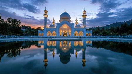 Photograph of Sheikha! The scene is brightly lit with a reflection in the water, featuring a white mosque with three minarets and domes, captured in a wide shot during the golden hour. The image is characterized by light clouds, symmetry, and a National Geographic-worthy photographic style. --ar 53:30 --v 6.1 Job ID: 51924de9-9986-44c9-a40b-bab29c823bfeの素材