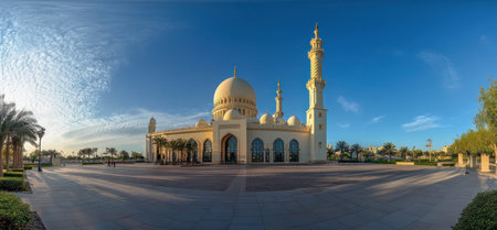 Panoramic view of the Sheikh Zayed Grand Mosque in Abu Dhabi at evening time, with the grand mosque illuminated against the blue sky. The composition captures both its majestic architecture and iconic features. The scene is bathed in warm hues from street lights, creating an atmosphere that reflects cultural richness and spiritual significance. --ar 32:15 --v 6.1 Job ID: 02a5b37c-7bea-4661-b521-c16704d89903の素材