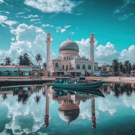 a beautiful photo of putra mosque in k]: . steremia with blue sky and clouds, water reflection, boats on the river, ultra realistic, cinematic --v 6.1 Job ID: 62148427-966a-42bc-8ce1-12efae07193fの素材