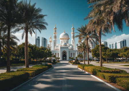 Stunning view of the grand white mosque in Abu Dhabi, with a blue sky and sunshine, shot on a Canon EOS R5 at F/0, ISO 800, 36mm, f/2.4. --ar 7:5 --v 6.1 Job ID: e8910671-2fd8-4d19-9e68-628dfff5d791の素材