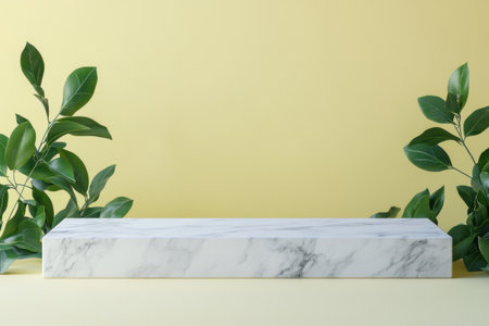 Photo of a white marble table with green leaves on the left side, against a light yellow background for product display presentation in close-up view. Web banner with copy space on the right. --ar 3:2 --v 6.1 Job ID: 53b985e2-2b74-46a3-91f7-cb4895a5d3a9の素材