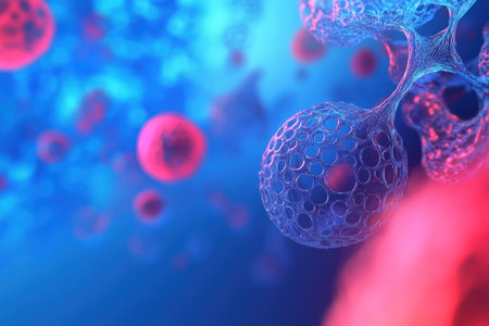 Digital background featuring DNA and cell structure, with a blue gradient color in the backdrop. The foreground includes red accents for visual contrast. --ar 3:2 --v 6.1 Job ID: df0a10d3-44b4-47a0-84fb-a8a7c1ec9e4bの素材