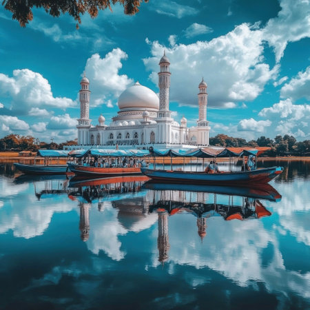 a beautiful photo of putra mosque in k]: . steremia with blue sky and clouds, water reflection, boats on the river, ultra realistic, cinematic --v 6.1 Job ID: 62148427-966a-42bc-8ce1-12efae07193fの素材