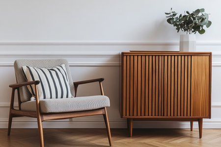 A wooden cabinet with slats and vertical lines, a striped cushion on the chair in front of it, against a white wall. Scandinavian interior design style. --ar 3:2 --v 6.1 Job ID: d263d391-ba1e-46cf-bd80-babcdbcbd8aeの素材