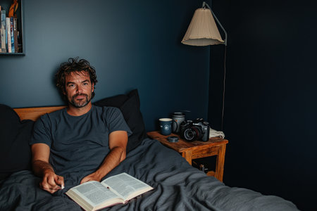 A bedroom with dark blue walls, grey bed linen, and black pillows. There is an open book on the edge of one side of the bed, next to which stands a small wooden table holding coffee mugs and other items. A lamp hangs from the ceiling above the table, and a Canon EOS camera with a wide-angle lens is visible. --ar 3:2 --v 6.1 Job ID: e9820d9c-fb03-4b53-bc9b-dab8ef38b714の素材