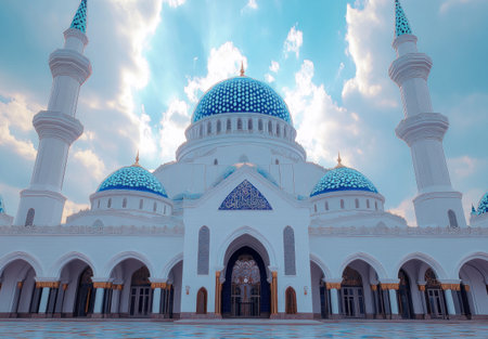 The beautiful white and blue-colored QolÅÃ¤rif Mosque in Kazan city, Tatarstan, with the sunset light, a panoramic view, travel photography. --ar 22:15 --v 6.1 Job ID: 596b94e3-15c2-4ee5-959d-d66e5919ab2cの素材