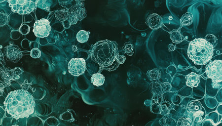 A macro view of glowing teal molecules and patterns on a dark green background, representing the scientific theme of Global Health Day. The focus is on the interconnectedness between individual cells or minerals in white color. --ar 53:30 --v 6.1 Job ID: f1ffe684-1f99-47c0-8fbb-92a0451bc661の素材