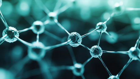 3D rendering of microscopic green cells and molecules on a dark background. The concept is for the medical industry, science, or technology, with light cyan and black colors in a minimalistic style and blurred backgrounds. --ar 53:30 --v 6.1 Job ID: dd63b58f-12be-4863-8466-ab0bf4ba5e49の素材