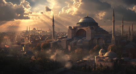 A panoramic view of the famous Hagia Sophia in Istanbul, Turkey, with other historical buildings and architecture visible behind it. The sky is cloudy and dramatic, with sun rays breaking through. There's an atmosphere of history and mystery. In the foreground, there are also some modern urban elements, like skyscrapers. --ar 11:6 --v 6.1 Job ID: c2bc6238-7200-45e8-95c5-974369681f62の素材
